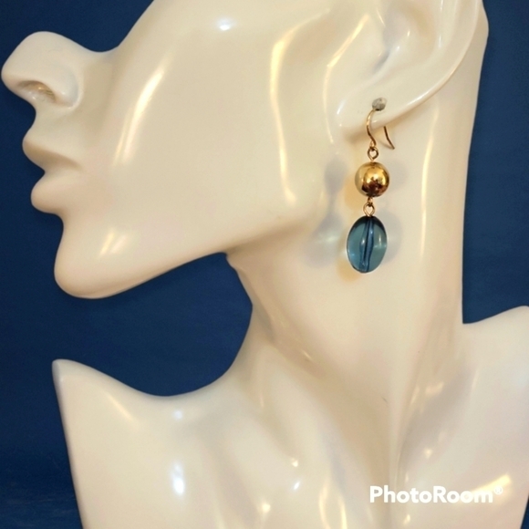 3/$30 HANDMADE Gold Aqua Blue Beaded Dangle Hook Earrings - Picture 1 of 6